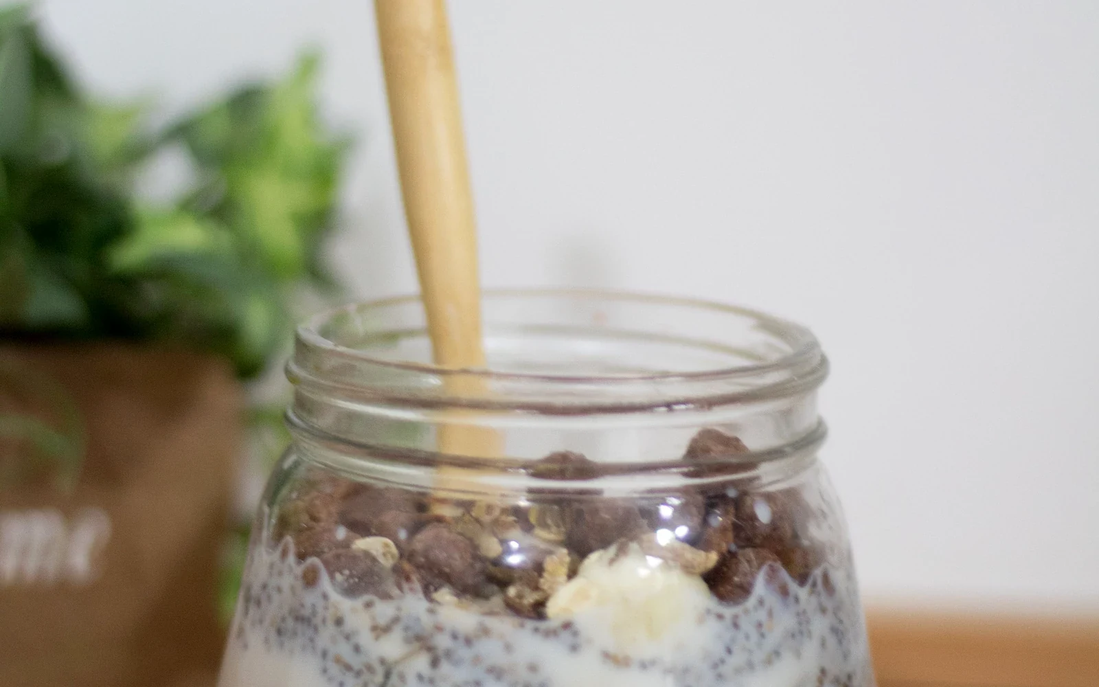 Jar of protein overnight oats with chia seeds